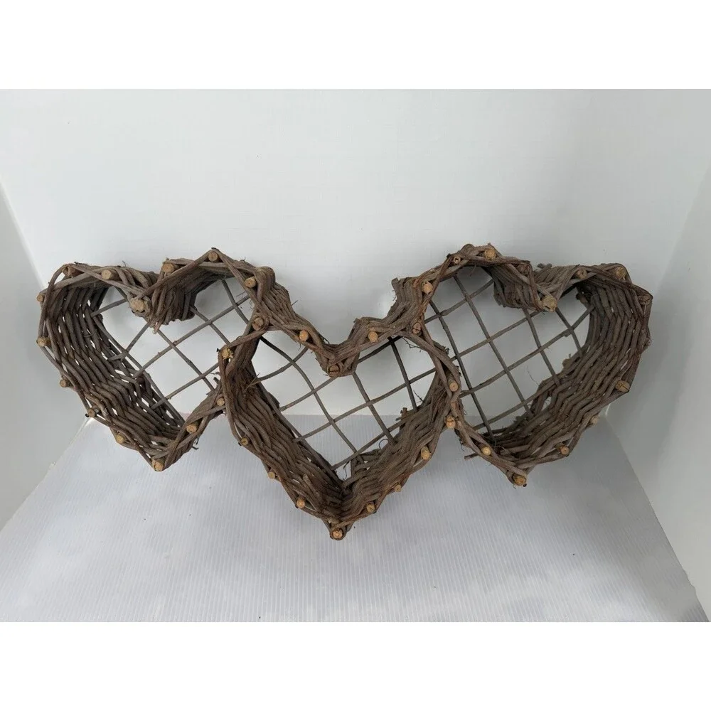 Vintage Grapevine Triple Heart Wall Hanging Basket Wicker Wood Farmhouse Decor